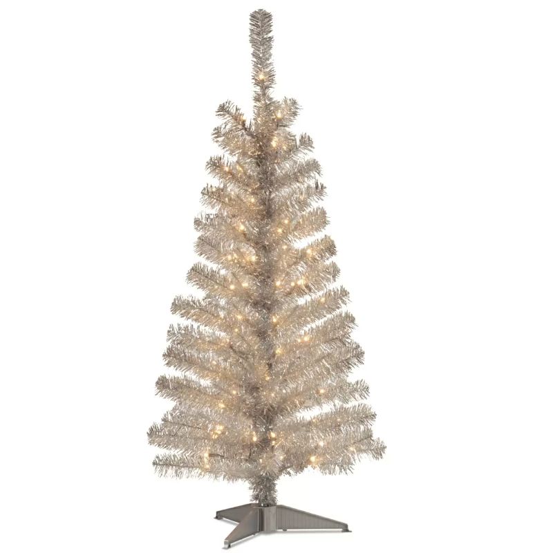 Photo 1 of  National Tree 4 ft. Silver Tinsel Tree with Clear Lights