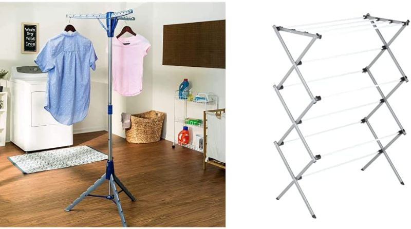 Photo 1 of Honey-Can-Do Tripod Clothes Drying Rack, Blue & Large Folding Drying Rack, Silver/White
