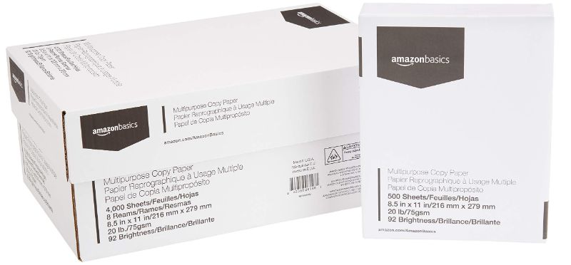 Photo 1 of AmazonBasics Multipurpose Copy Printer Paper - White, 8.5 x 11 Inches, 8 Ream Case (4,000 Sheets)
