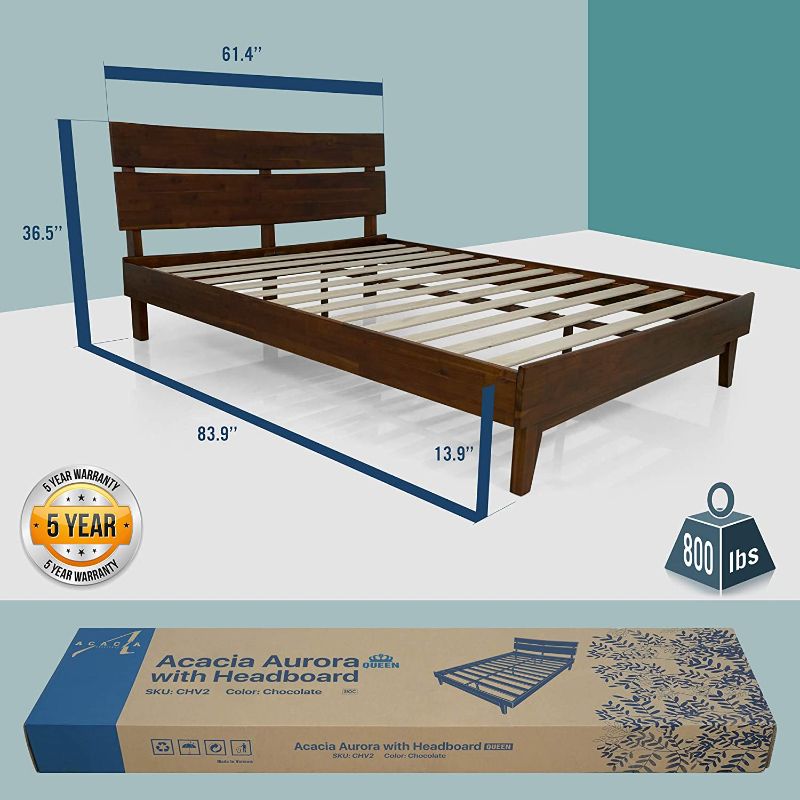 Photo 1 of Acacia Aurora 14 Inch Wood Platform Bed, Bed Frame with Headboard, Queen Size Bed Frame, Chocolate
