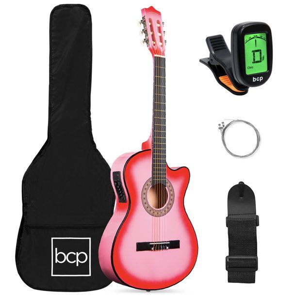 Photo 1 of Best Choice Products Beginner Acoustic Electric Guitar Starter Set 38in w/ All Wood Cutaway Design, Case - Pink
