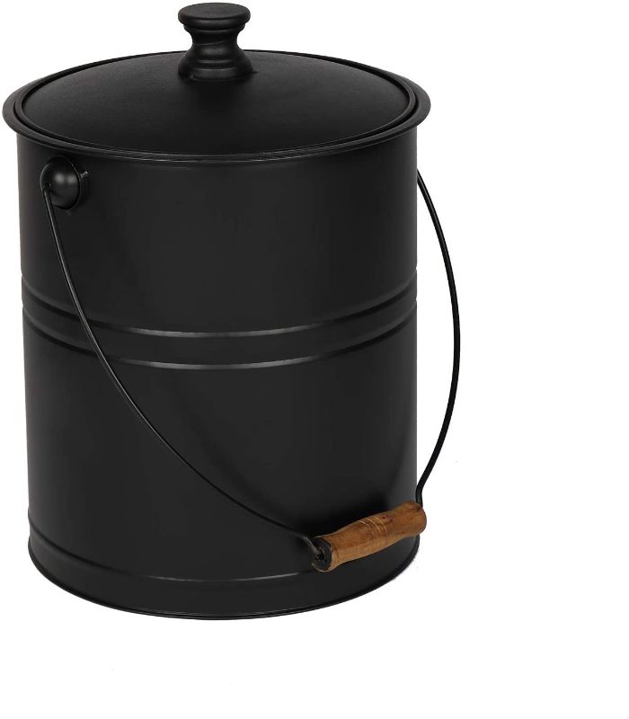 Photo 1 of TUFFIOM Ash Bucket with Lid for Indoor & Outdoor, Portable Ash Pail Galvanized Wtin Flexible Wood Handle Hearth Tools for Fireplace, Fire Pits, Wood Burning Stoves (Black)
