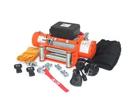 Photo 1 of AC-DK 13500 lbs Electric Winch 12V DC Water Proof IP67 Recovery Winch with Synthetic Rope Orange Color Come with Overload Protection Winch Dust Cover and 2 Wireless Remotes
