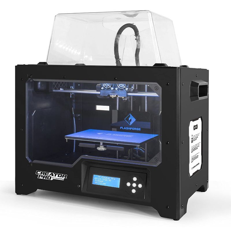 Photo 1 of FlashForge 3D Printer Creator Pro, Metal Frame Structure, Acrylic Covers, Optimized Build Platform, Dual Extruder W/2 Spools, Works with ABS and PLA
