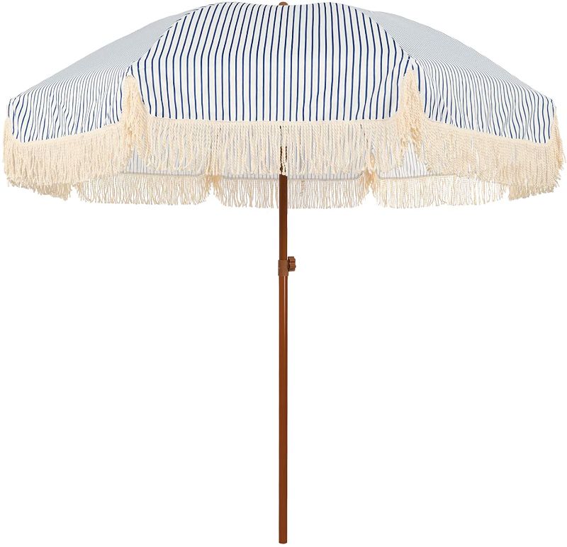 Photo 1 of AMMSUN 7ft Patio Umbrella with Fringe Outdoor Tassel Umbrella UPF50+ Wood Color Steel Pole and Steel Ribs Push Button Tilt - Navy Blue Stripes
