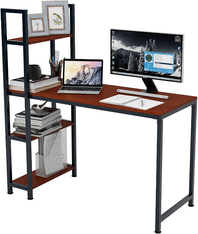 Photo 1 of Siunzs Computer Desk with Shelves, Home Office Desk with 4 Tier Storage Shelves Studying Writing Desk Workstation with Hutch, Bookshelf and Tower Storage for Home Office(55”,Red Rose)
