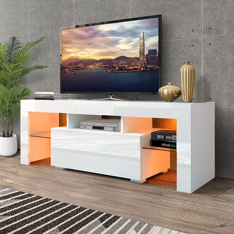 Photo 1 of DMAITH TV Stand with LED Lights, 1 Drawer and Open Shelves High Gloss Entertainment Center Media Console Table Storage Desk for Up to 55 Inch TV, White (002W)
