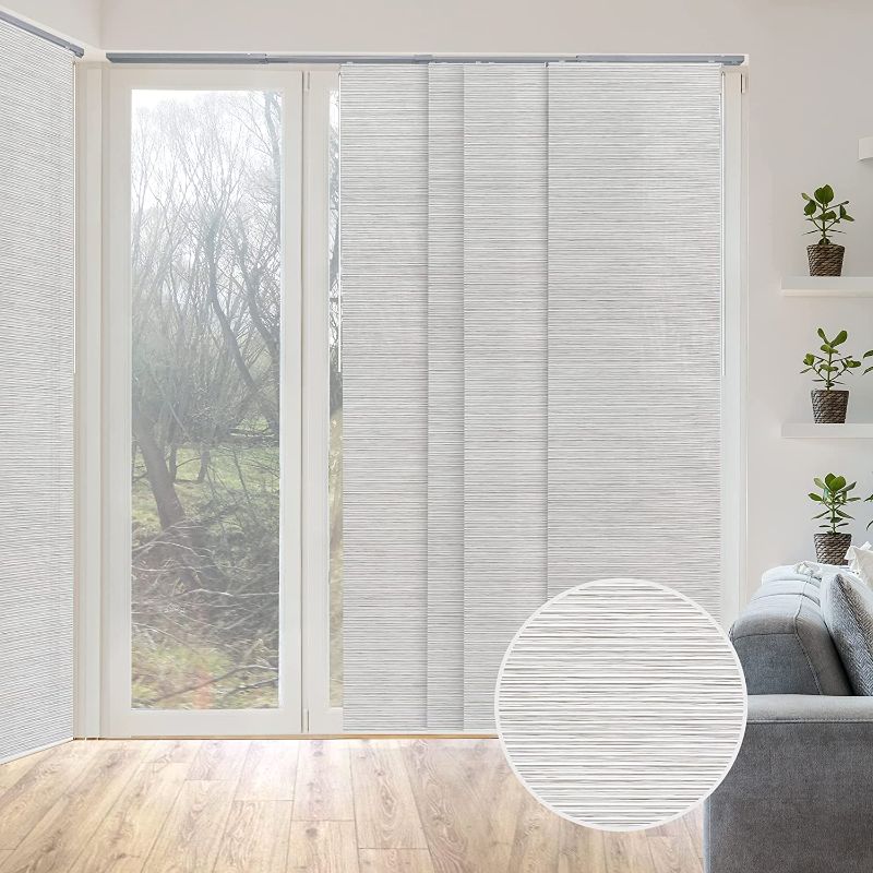 Photo 1 of GoDear Design Deluxe Adjustable Sliding Panel Track Blind 45.8"- 86" W x Up to 96" H, Extendable 4-Rail Track Vertical Blind for Sliding Windows and Doors, Trimmable Natural Woven Fabric, Marble
