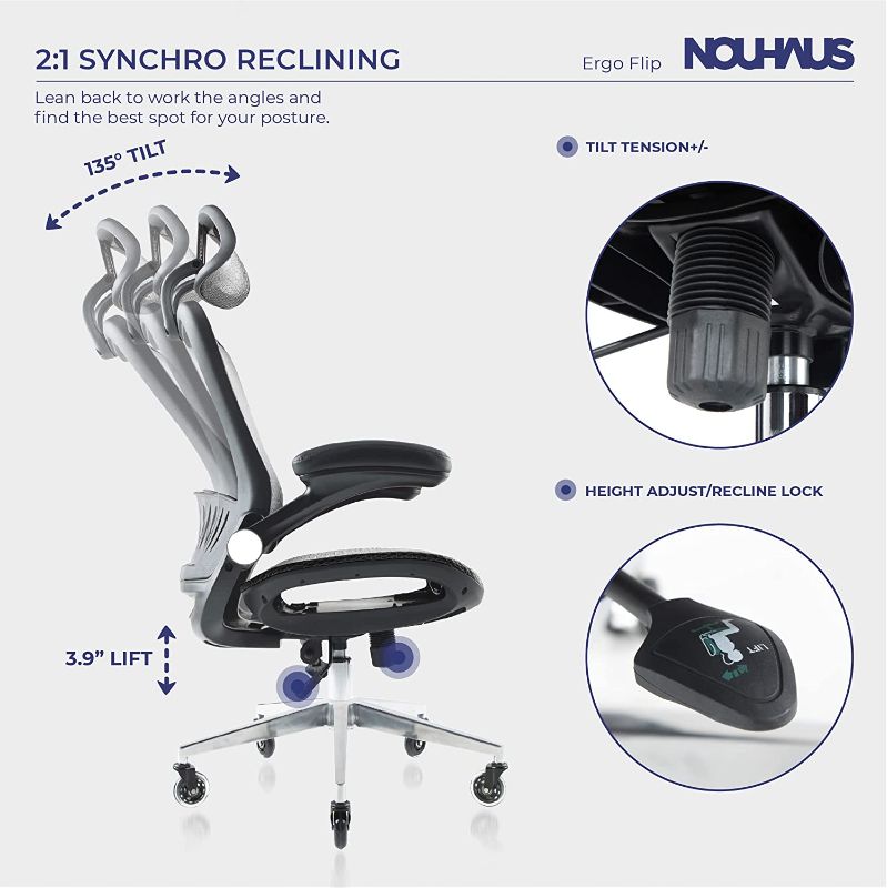 Photo 1 of NOUHAUS ErgoFlip Mesh Computer Chair - Grey Rolling Desk Chair with Retractable Armrest and Blade Wheels Ergonomic Office Chair, Gaming Chairs, Executive Swivel Chair/High Spec Base
