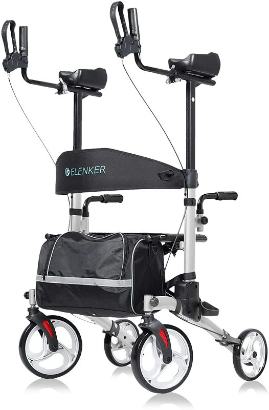 Photo 1 of ELENKER Upright Walker, Stand Up Folding Rollator Walker with 10” Front Wheels Backrest Seat and Padded Armrestsf (Silver)
