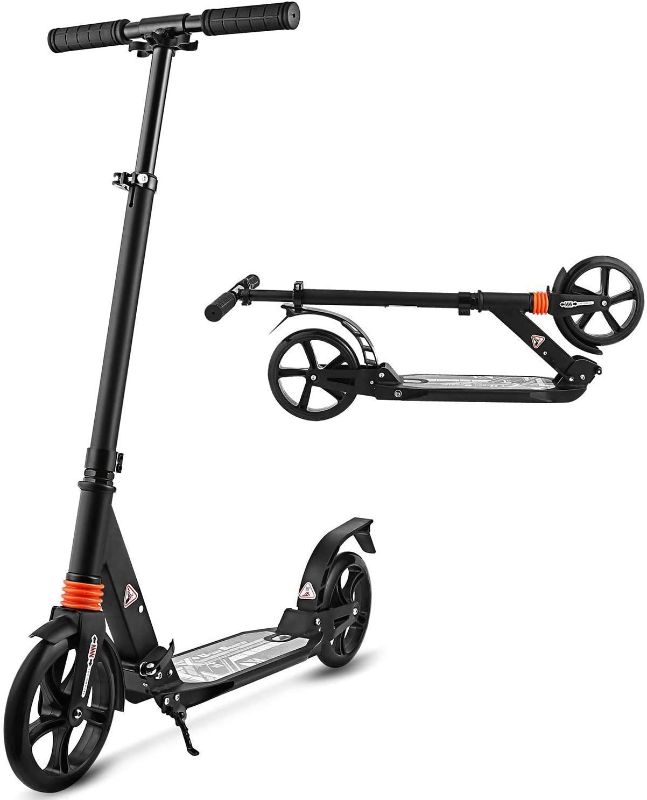 Photo 1 of Hikole Scooters for Adults Teens, Kick Scooter with Adjustable Height Dual Suspension and Shoulder Strap 8 inches Big Wheels Scooter Smooth Ride Commuter Scooter Best Gift for Kids Age 10 Up---needs a tightening of screw to stand up right 
