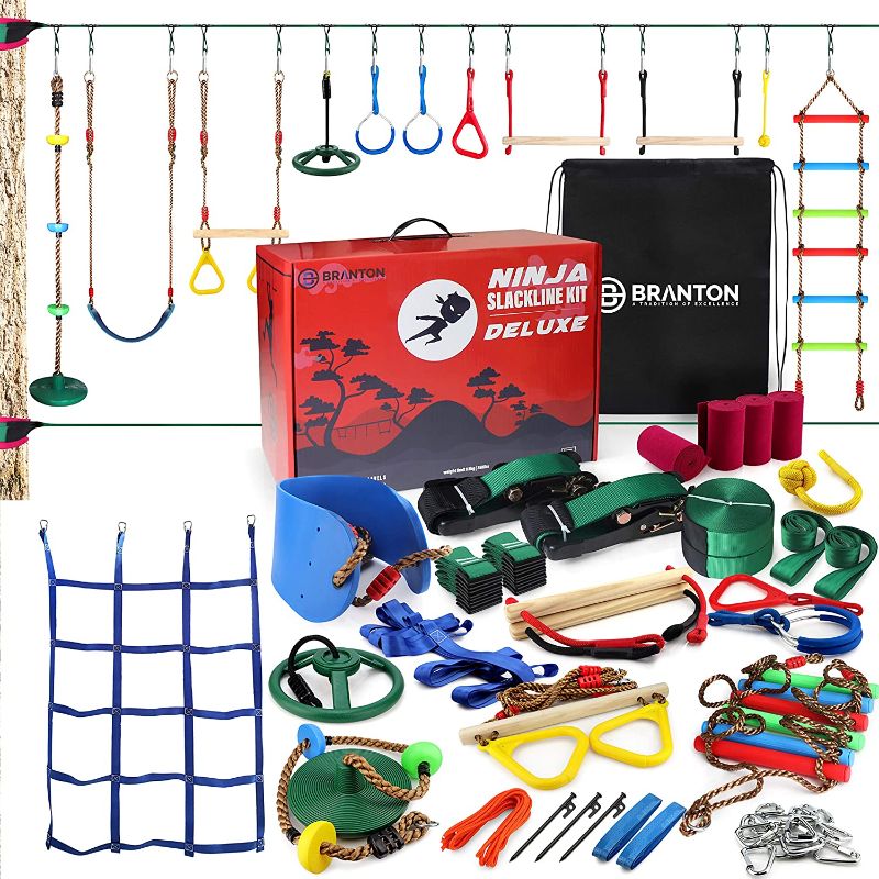 Photo 1 of Ninja Obstacle Course Deluxe - 2X65FT Ninja Kit with Most Complete Accessories for Kids, 2 Slacklines, Swing, Climbing Rope, Swing Straps, Obstacle Net Plus, Trapeze Swing, Rope Ladder
