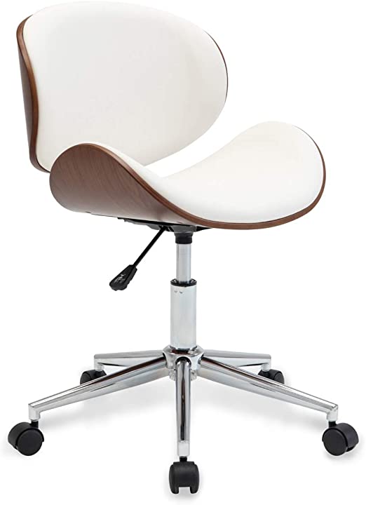 Photo 1 of BELLEZE Mid-Century Modern Desk Chair, Contemporary Office Bentwood Style Wingback Seating, Minimalist Adjustable Vintage Replica with Swivel, Faux Leather and Walnut - Avalon (White)
