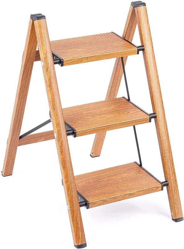 Photo 1 of 3 Step Ladder Anti-Slip Foldable Step Stool Aluminum Lightweight with Wide Pedal for Home and Kitchen Space Saving - Woodgrain (330 lbs)
