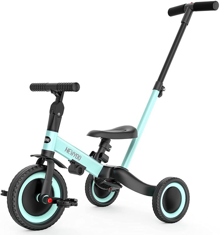 Photo 1 of newyoo 5 in 1 Toddler Tricycle with Parent Steering Push Handle for 1,2,3 Years Old Boys and Girls, Kids Push Trike, Toddler Bike with Removable Pedals, Adjustable Seat and Handle (Blue)
