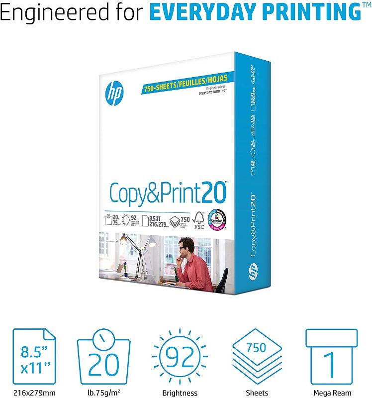 Photo 1 of HP Printer Paper | 8.5 x 11 Paper | Copy &Print 20 Lb | 1 Bulk Pack - 750 Sheets | 92 Bright | Made in USA - FSC Certified | 200030R
