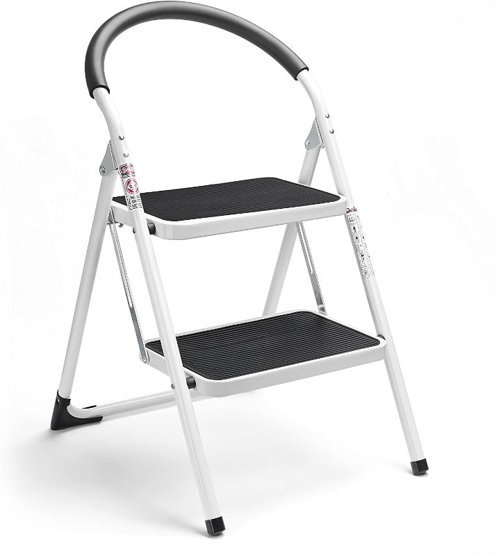 Photo 1 of 2 Step Stool Folding Step Stool Steel Stepladders with Handgrip Anti-Slip Sturdy and Wide Pedal Steel Ladder Hold Up to 330lbs White and Black Combo 2-Fee