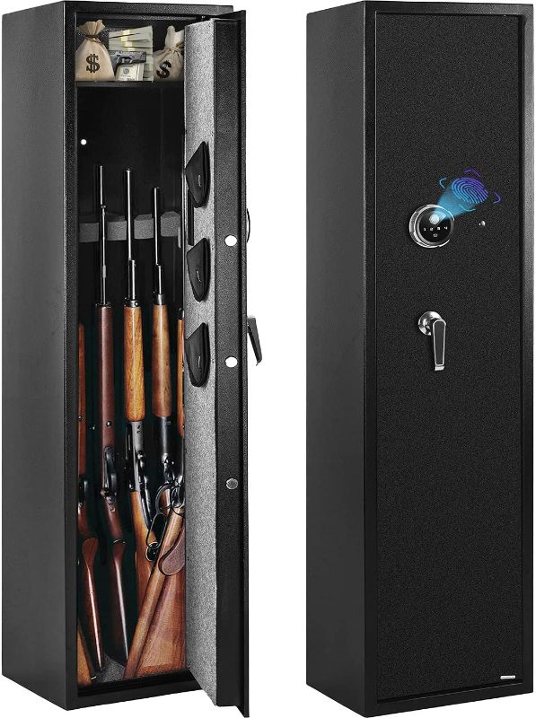 Photo 1 of Biometric Gun Safe for Rifles and Pistols, WINZONE Gun Safes & Cabinets, Fingerprint Quick Access Rifle Safe Storage 5 Long Shotguns, With Hand gun Lock Box and 3 Separate Pistol Pouch
