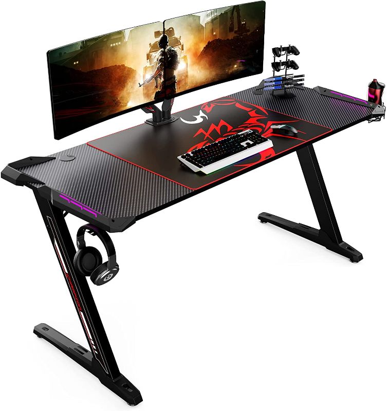 Photo 1 of Gaming Desk 60 inch Computer Desk Z Shaped Large PC Tables with RGB LED Lights Mouse Pad for E-Sport Racing Gamer Pro Home Office Gift