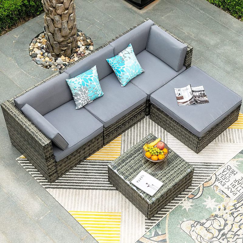 Photo 1 of COFFEE TABLE FOR YITAHOME 5 Piece Outdoor Patio Furniture Sets, All-Weather Wicker Sectional Sofa Patio Conversation Set 
