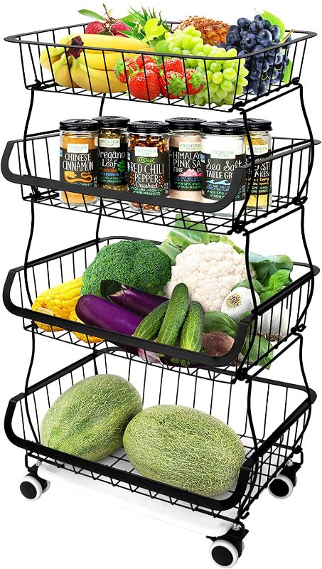 Photo 1 of 4-Tier Rolling Utility Storage Cart - 4 Metal Wire Baskets Craft Cart with Lockable Wheels - Multi-purpose Rolling Cart for Kitchen, Pantry, Bedroom, Bathroom - Black
