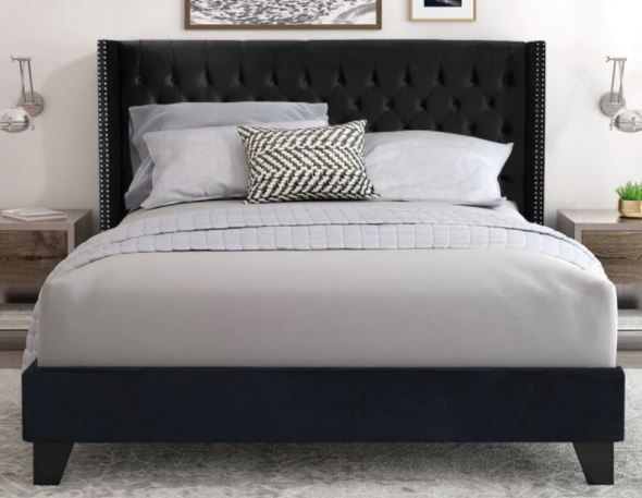 Photo 1 of Aliyah Velvet Upholstered Platform Bed Deep Button Tufting, BLACK
