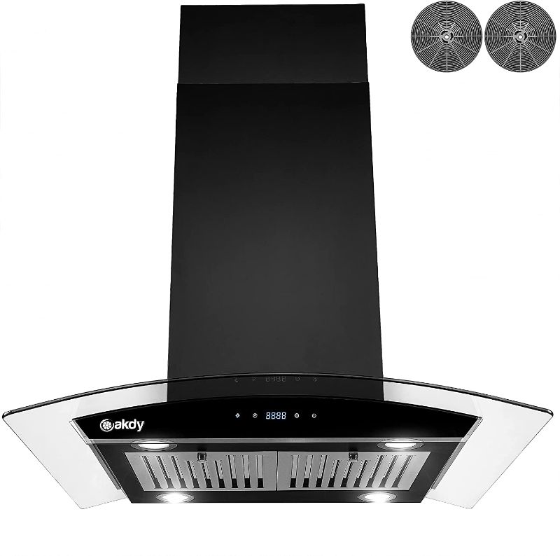 Photo 1 of AKDY 36 in. 343 CFM Convertible island Mount Range Hood in Black Painted Stainless Steel with Glass and Carbon Filters
BOX DAMAGE ONLY 