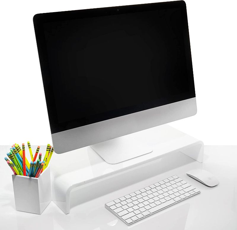 Photo 1 of Acrylic Monitor Stand with Matching Pen Holder, 12mm Thick Clear Acrylic Monitor Riser, Laptop Stand for Home, Office, and Work. Computer Desk Riser with Keyboard Storage for LCD LED TV Screen (White)

