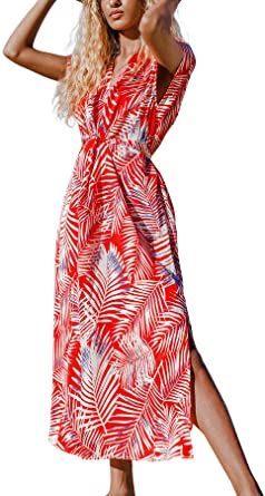Photo 1 of Women's Red Leaf Print Tie Short Sleeves Wrap V Neck Dress SMALL