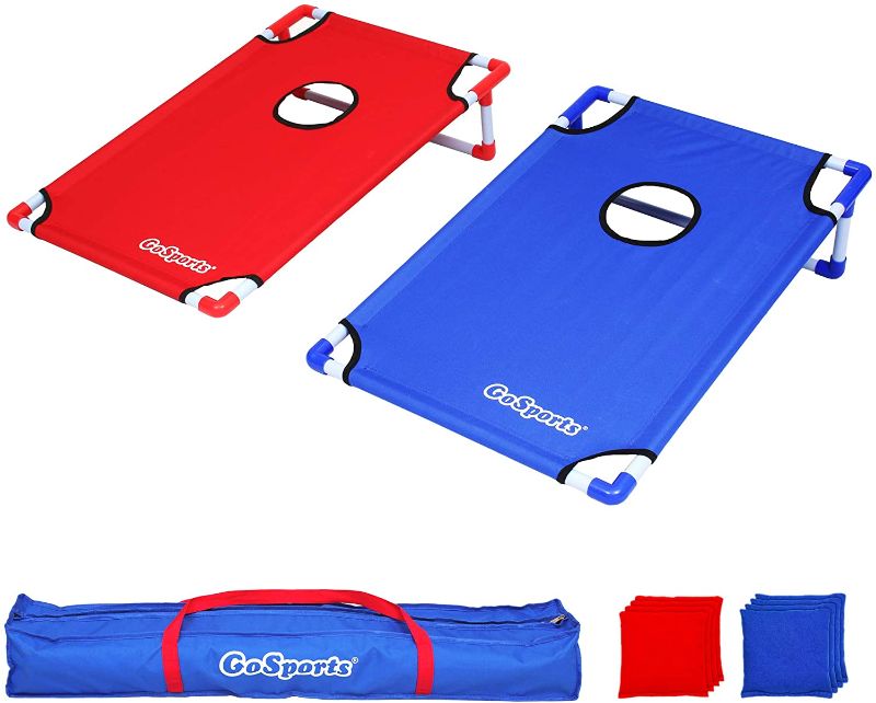 Photo 1 of GoSports Portable PVC Framed Cornhole Toss Game Set with 8 Bean Bags and Travel Carrying Case - Choose American Flag Design, Red & Blue or Football
