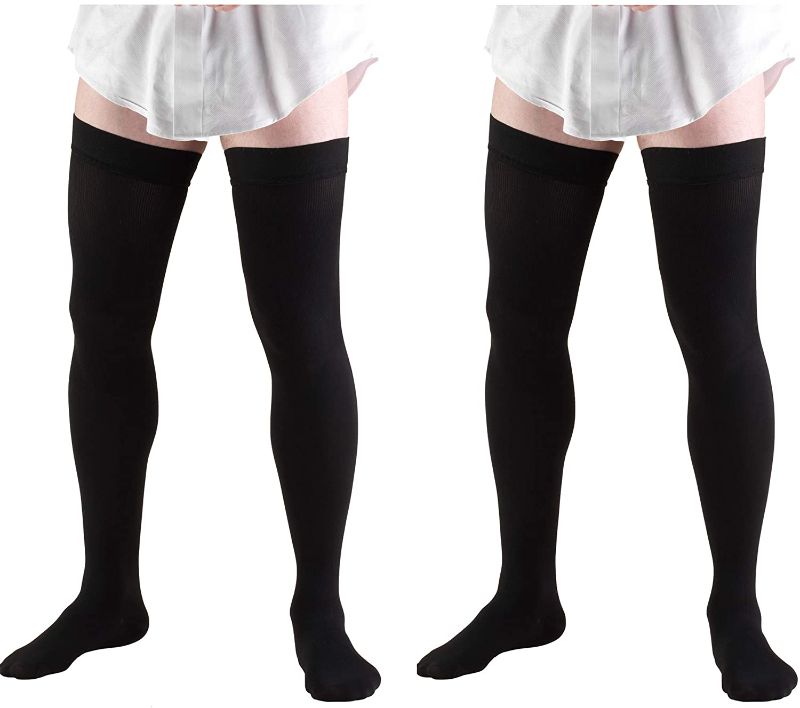 Photo 1 of Truform 1945 Men's Thigh high High Socks, Dress Style, 20-30 mmHg, Black, X-Large (Pack of 2)
