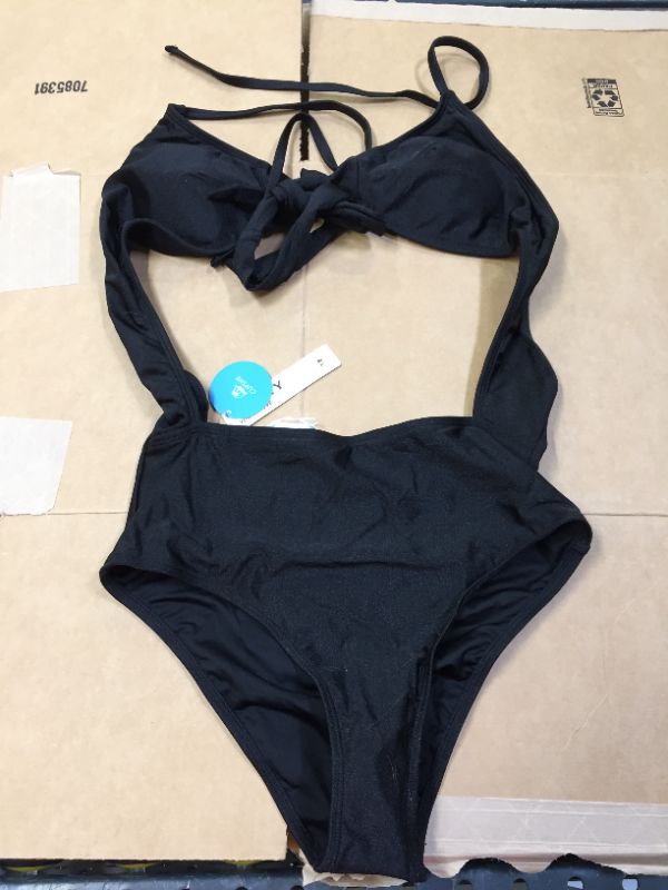 Photo 2 of CUPSHE BLACK CUTOUT ONE PIECE TIE FRONT SIZE MEDIUM