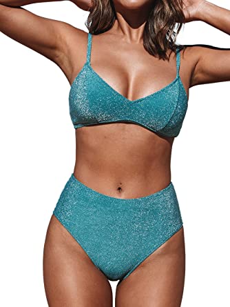 Photo 1 of CUPSHE WOMEN'S BLUE HIGH WAISTED BIKINI SHINY TRICOT SET SIZE MEDIUM