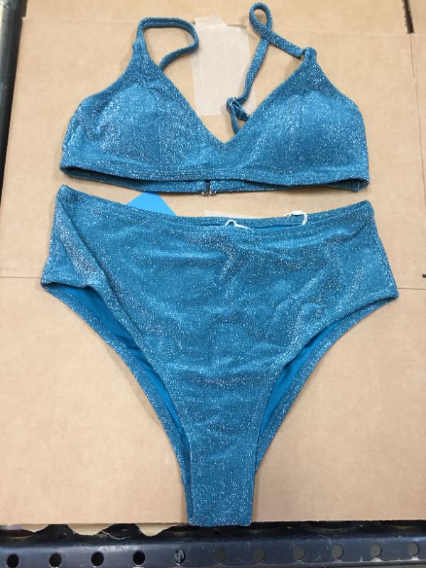 Photo 2 of CUPSHE WOMEN'S BLUE HIGH WAISTED BIKINI SHINY TRICOT SET SIZE MEDIUM