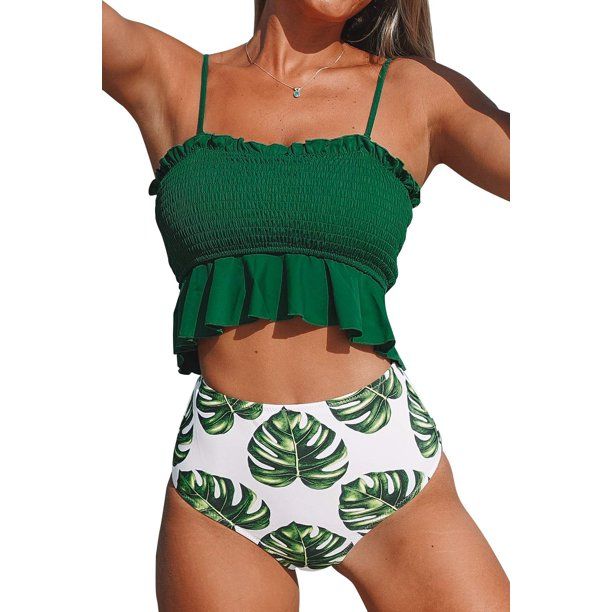 Photo 1 of CUPSHE WOMEN'S SIZE LARGE SMOCKED RUFFLED HIGH WAISTED BIKINI SET 