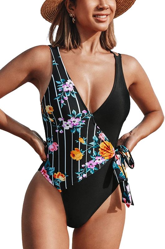 Photo 1 of CUPSHE WOMEN'S ONE PIECE FLORAL PRINT TIE STRAPPY V NECK BATHING SUIT MEDIUM