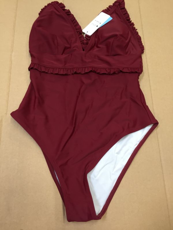 Photo 1 of CUPSHE WOMEN'S SOLID WINE RED RUFFLED TRIM ONE PIECE SWIMSUIT SIZE MEDIUM