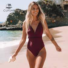 Photo 1 of CUPSHE WOMEN'S SOLID WINE RED RUFFLED TRIM ONE PIECE SWIMSUIT SIZE MEDIUM