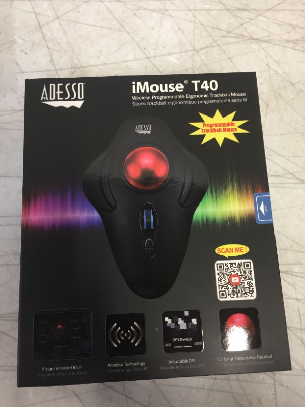 Photo 3 of Adesso iMouse T40 Wireless Ergonomic Finger Trackball Mouse with Nano USB Receiver, Programmable 7 Button Design, and 5 Level DPI Switch, for Left and Right Hand **FACTORY SEALED**
