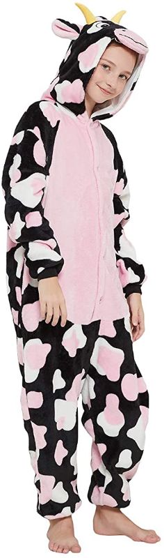 Photo 1 of CALANTA Cow Onesie Kids Animal Costume Girls Pajamas One Piece Cosplay Halloween Christmas Plush Sleepwear---ONE SIZE FITS MOST---
