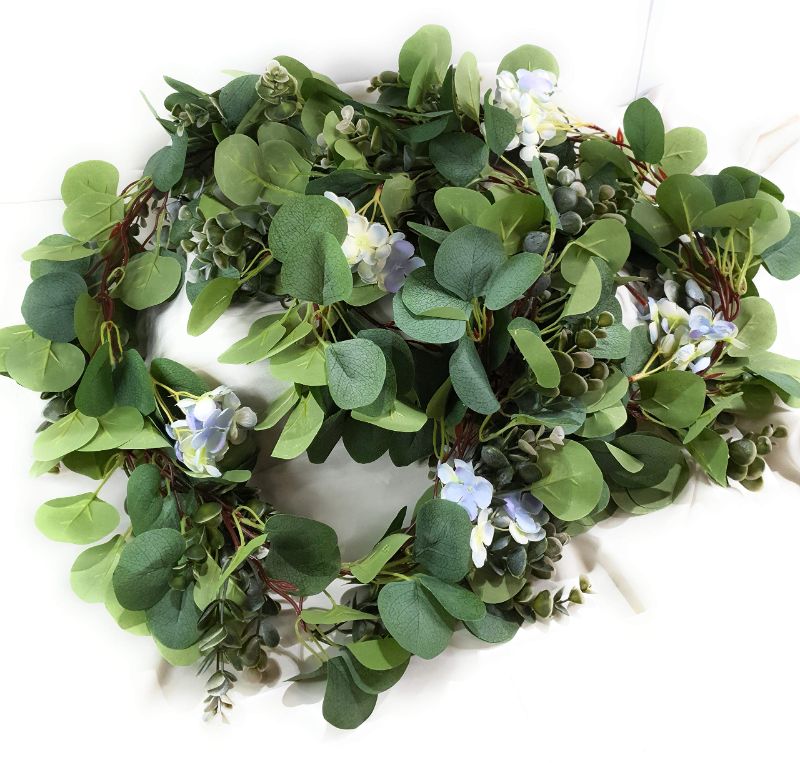 Photo 1 of 
Valynn's Veranda Artificial Eucalyptus Garland - Eucalyptus Boxwood Silver Dollar Leaves with Blue Oakleaf Hydrangea, 6.56 ft Long, Greenery Decoration for Wedding, Table Runner 