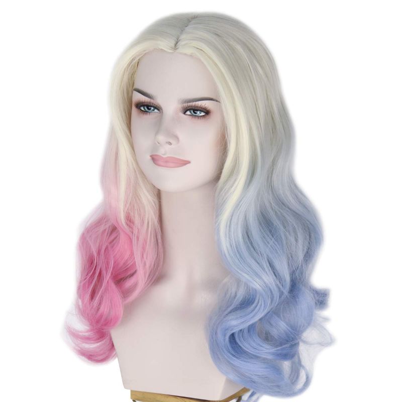 Photo 1 of Yan Dream Woman Long Wavy 2 Tone Dyeing Blue Pink Gradient Hair Halloween Cosplay Wigs

