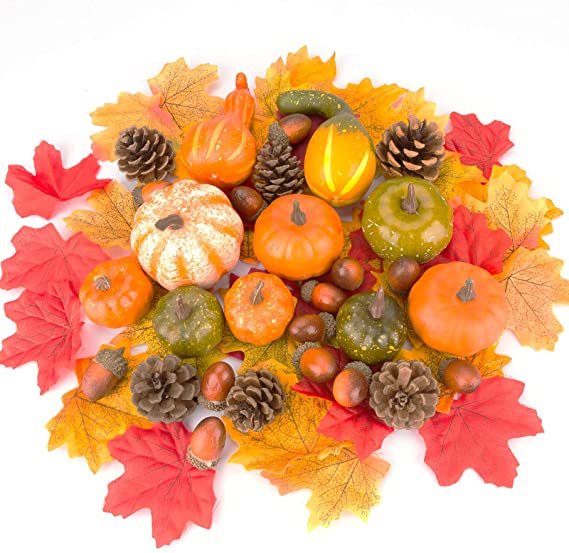 Photo 1 of 130 PCS Thanksgiving Artificial Pumpkins Home Decoration Set,Halloween Decorations Maple Leaves Acorns Pinecones Pumpkins Autumn Festive Party Supplies
