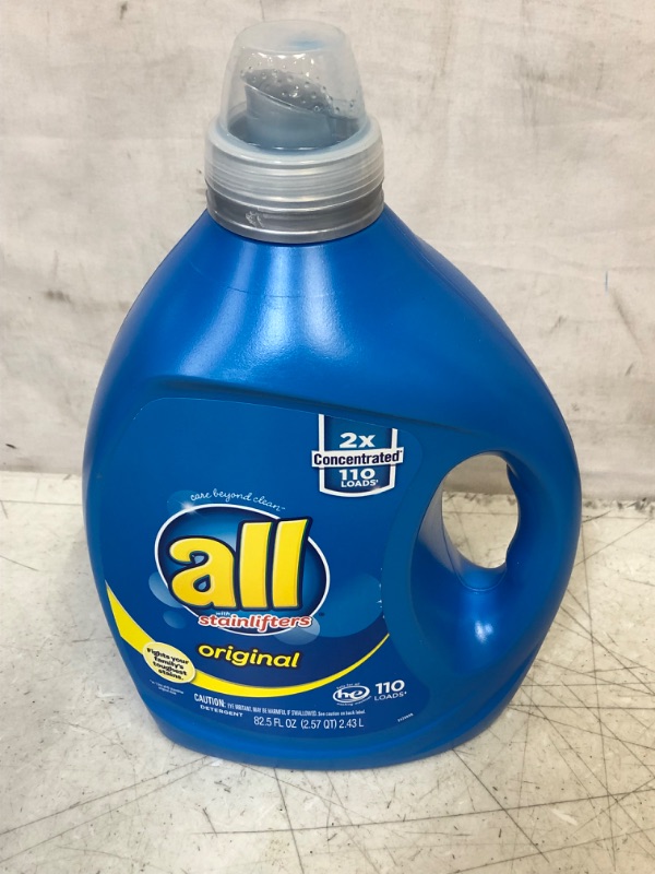 Photo 1 of all Laundry Detergent Liquid, Fights Tough Stains, High Efficiency Compatible, 2X Concentrated, 110 Loads
