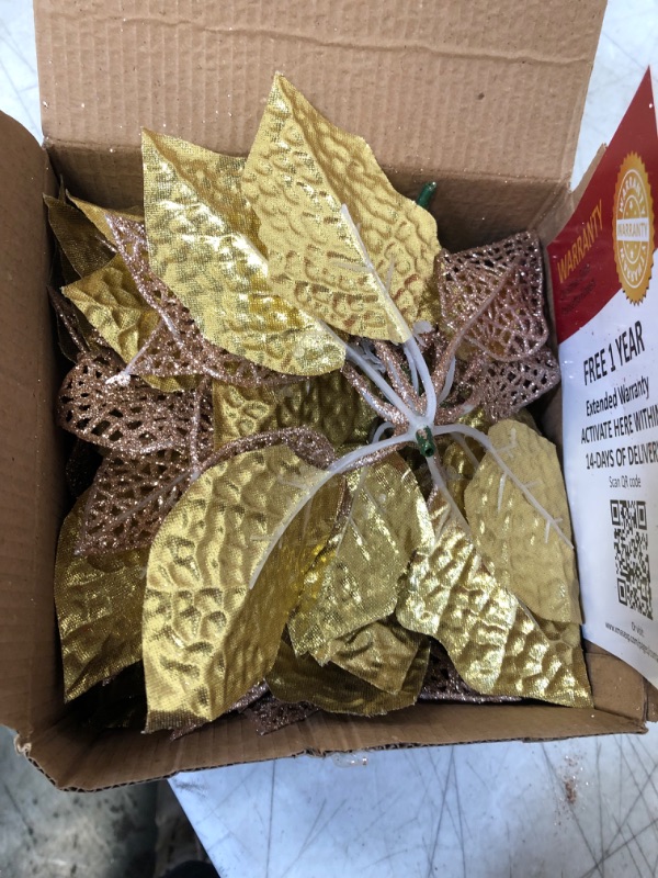 Photo 2 of 10 Pack Christmas Poinsettia Flowers Glitter Poinsettia Bushes Christmas Tree Flowers Christmas Poinsettia Ornament, Artificial Poinsettia Flowers Christmas Decorations-Rose Gold
