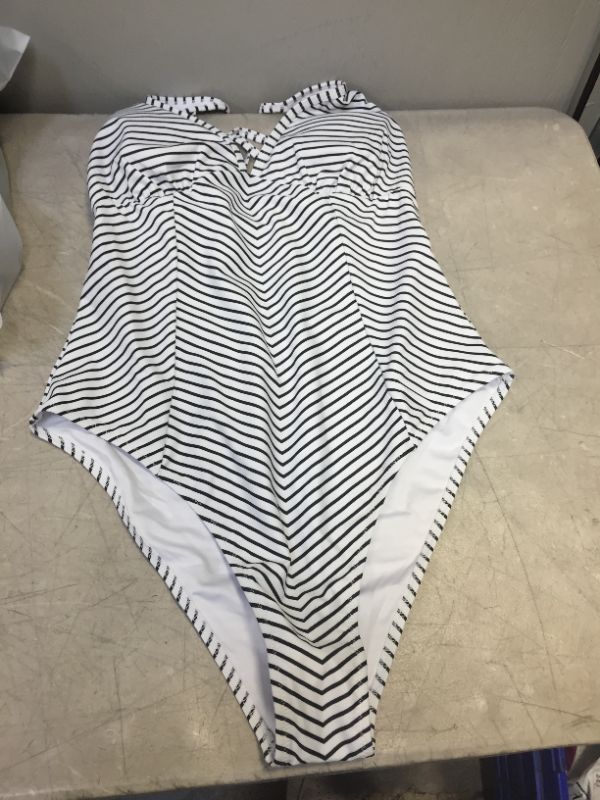 Photo 2 of Black And White Stripe V-Neck One Piece Swimsuit large 
