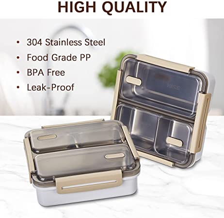 Photo 1 of Bento Lunch Box with 3-Compartment, Leak-proof for Children, Teenagers, Adults, 304 Stainless Steel BPA Free, Microwave Oven Dishwasher Freezer Safe