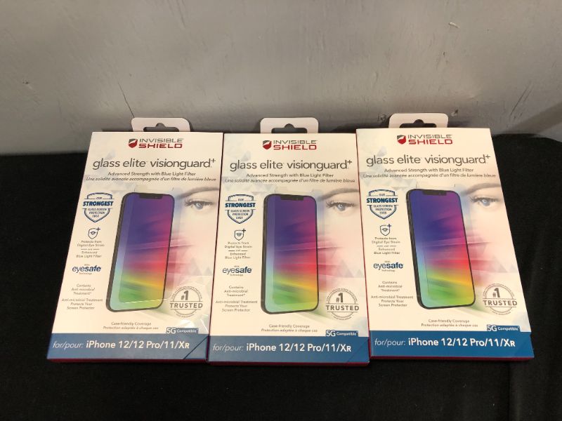 Photo 1 of ZAGG InvisibleShield Glass Elite VisionGuard- for iPhone 12 Pro, iPhone 12, iPhone 11, iPhone XR - Impact Protection, Scratch Resistant, Fingerprint Resistant, clear (200106669) 3 pack