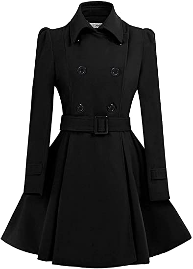 Photo 1 of ForeMode Women Swing Double Breasted Wool Pea Coat with Belt Buckle Spring Mid-Long Long Sleeve Lapel Dresses Outwear