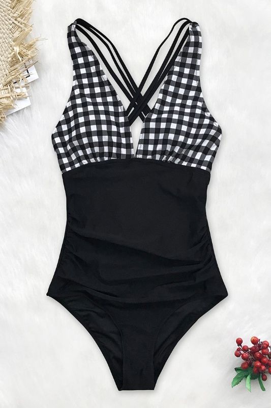 Photo 3 of Black And White Gingham Ruched One Piece Swimsuit Size Large NEW 